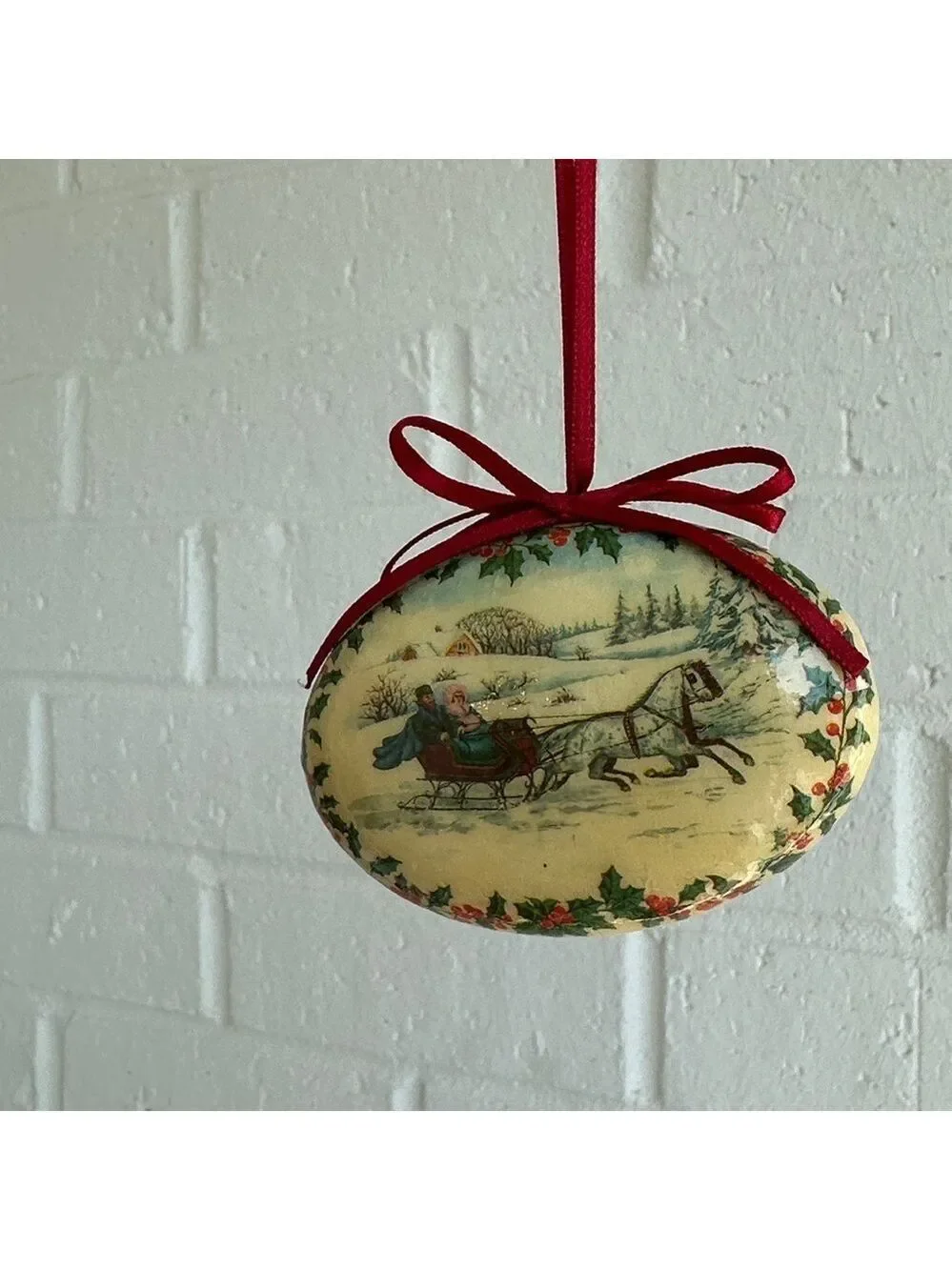 Vintage Christmas 1970’s Victorian Sleigh Ride Styrofoam Ornament W/Red Ribbon